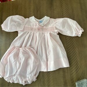 VTG newborn girls 6M dress smocked bloomers two piece cotton pink nursery rhyme